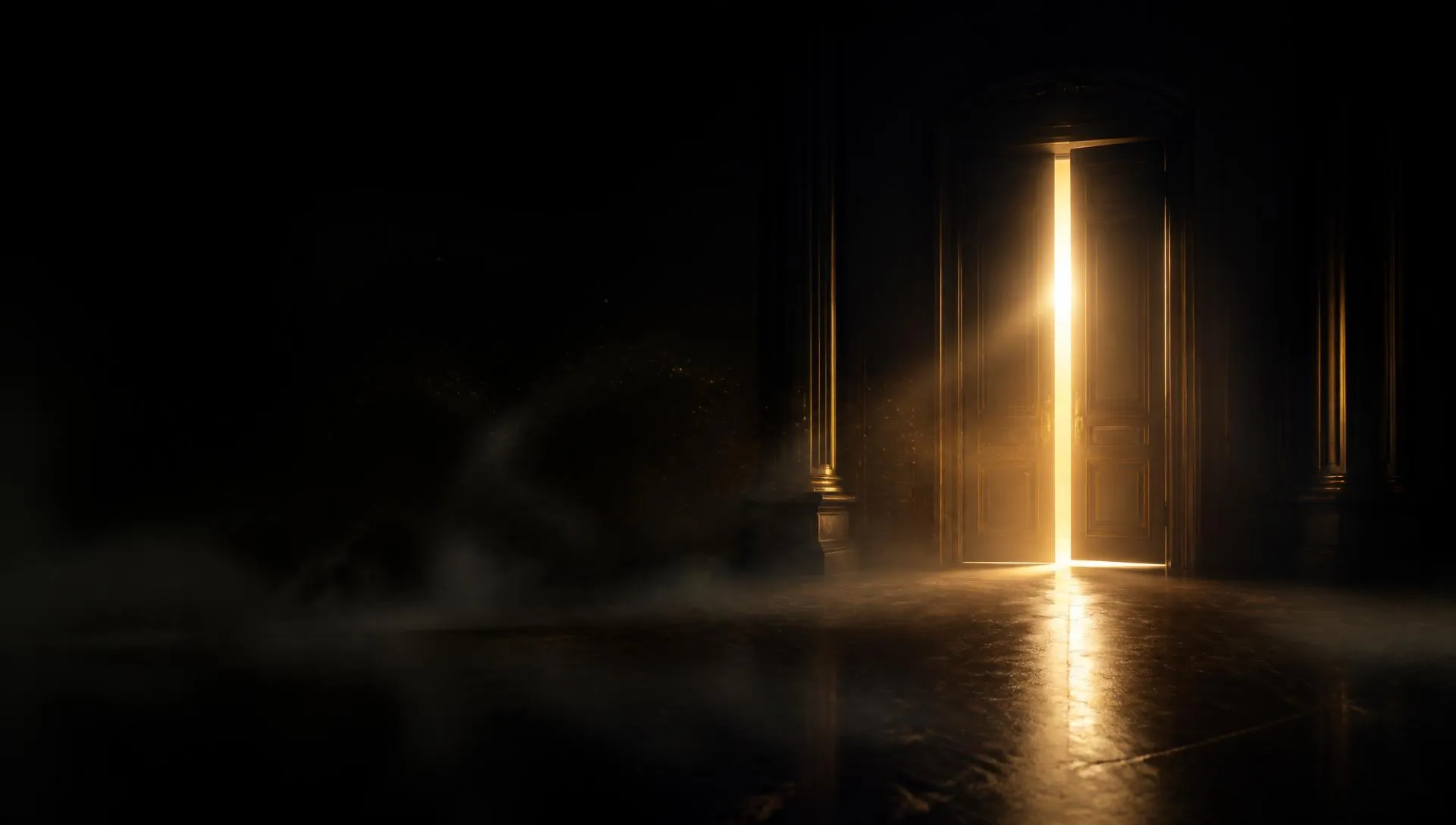 A warmly lit doorway opening into a dark room